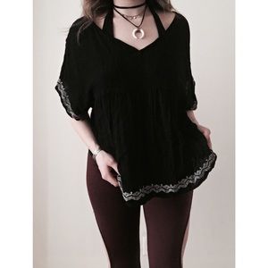Oversized Embroidered Boho V Neck Tunic Blouse